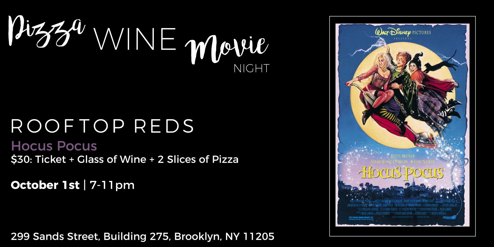Pizza, Wine, Movie Night Hocus Pocus in Brooklyn at Rooftop Reds