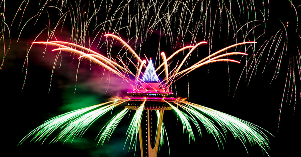 New Years Eve Fireworks At The Space Needle in Seattle at Space